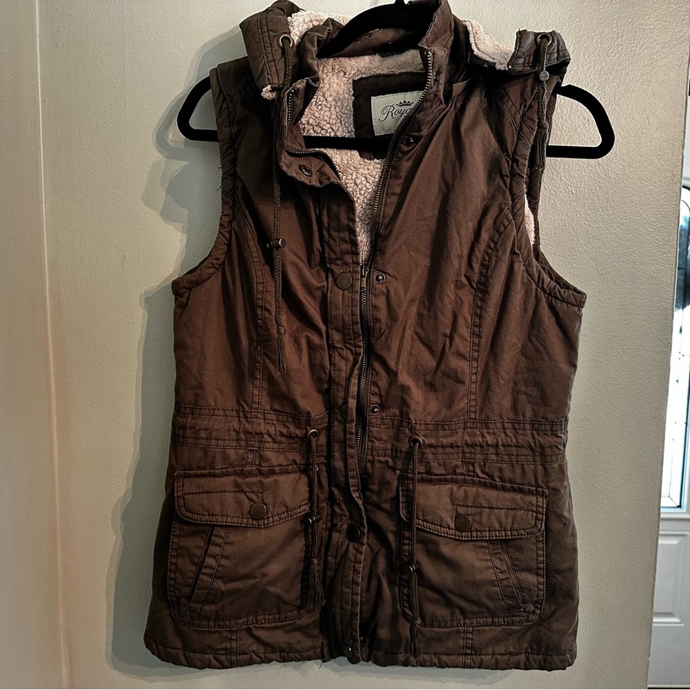 Women’s small Royalty for me, Olive green faux fur lined vest.